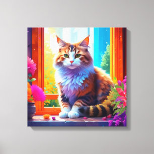 Cute Cat Sitta i City Window Ai Art Canvastryck