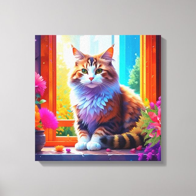 Cute Cat Sitta i City Window Ai Art Canvastryck (Framsida)