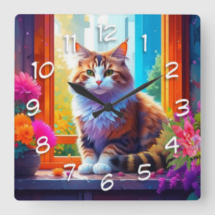 Cute Cat Sitta i City Window Ai Art Fyrkantig Klocka