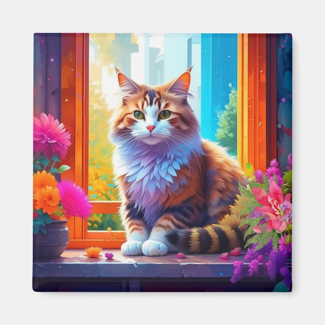 Cute Cat Sitta i City Window Ai Art Magnet (Framsidan)