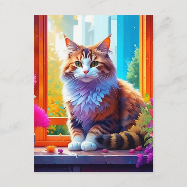 Cute Cat Sitta i City Window Ai Art Vykort (Framsida)