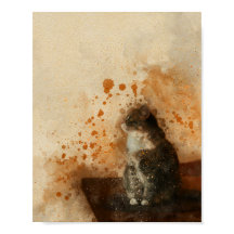 Cute cat sitta på en bord-vattenfärgsmålning