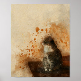 Cute cat sitta på en bord-vattenfärgsmålning poster