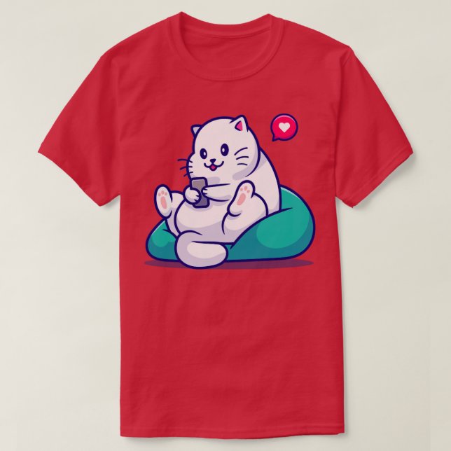 Cute Cat Sitting Playing Phone Cartoon T Shirt (Design framsida)