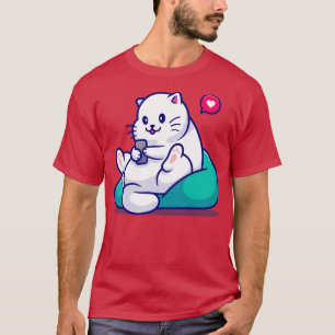 Cute Cat Sitting Playing Phone Cartoon T Shirt