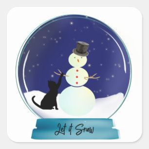 Cute Cat Skapar en Snö Globe vid Snögubbe-jul Fyrkantigt Klistermärke