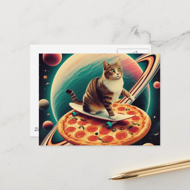 Cute Cat Skateboarding on a Pizza Planet Vykort (Fram/Back In Situ)