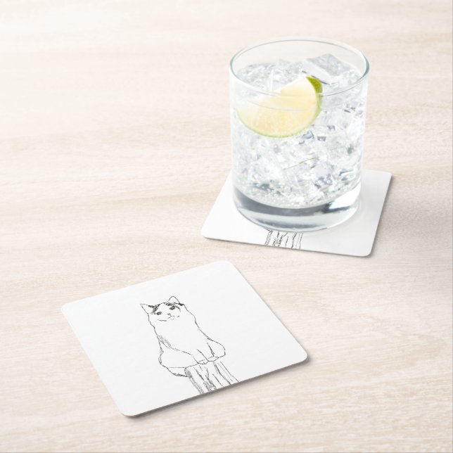 Cute Cat Sketch Modern Underlägg Papper Kvadrat (Insitu)