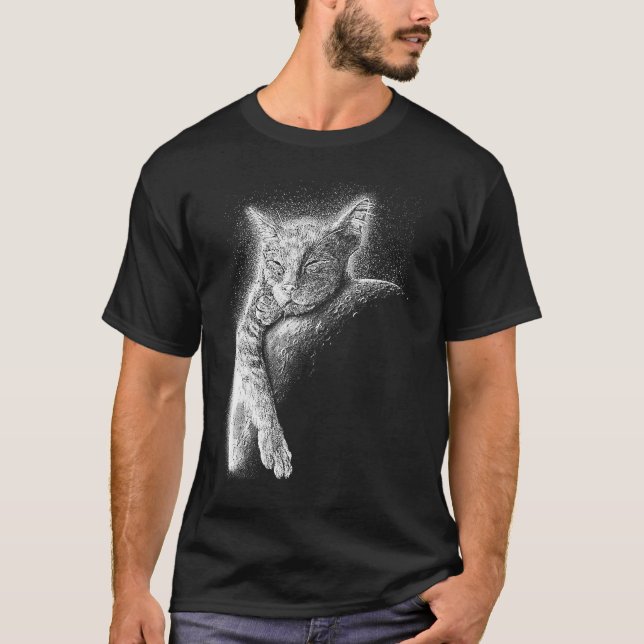 Cute Cat Sleeping On The Moon Full Moon Space Kitt T Shirt (Framsida)