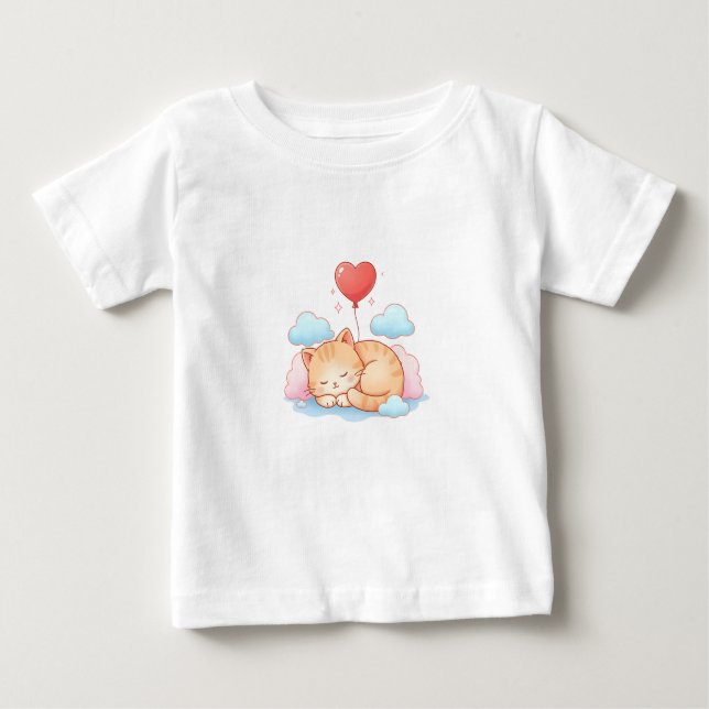Cute Cat Sleeping with Heart Balloon  T Shirt (Framsida)