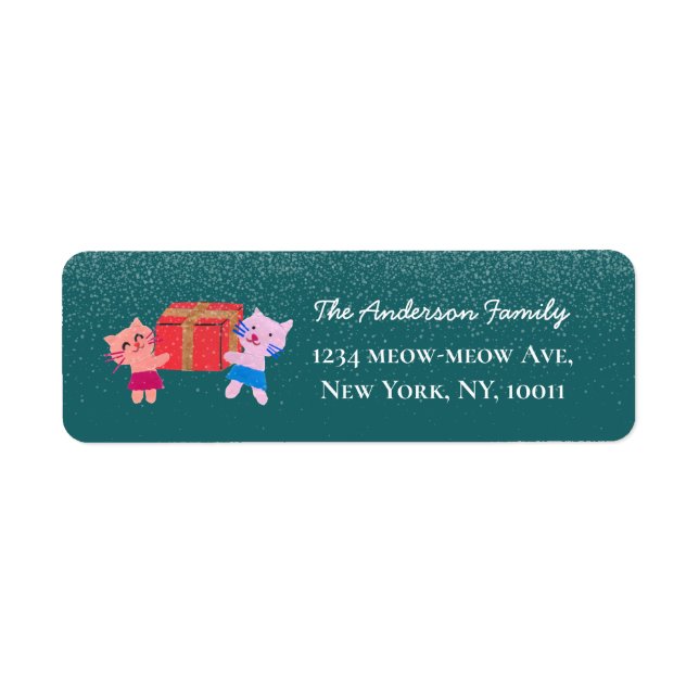 Cute cat snö fallande grönt julafton returadress etikett (Framsidan)