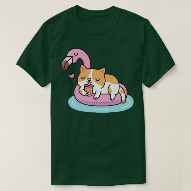 Cute Cat som dricker Bubble Tea och g på Flamingo  T Shirt (Design framsida)