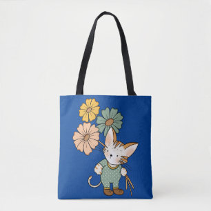 Cute Cat som håller blommor Tygkasse
