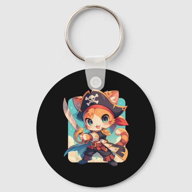 Cute Cat som Pirat Kawaii Anime Nyckelring (Framsida)