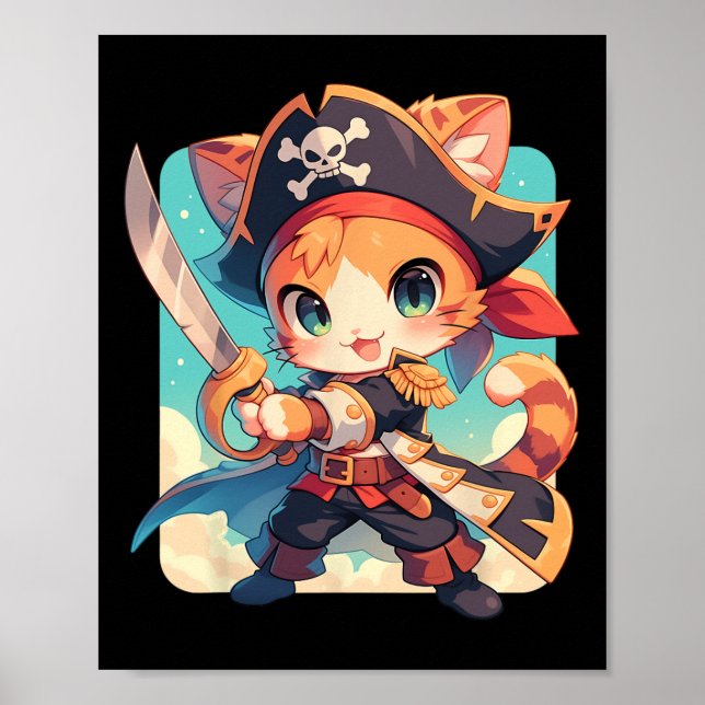 Cute Cat som Pirat Kawaii Anime Poster (Framsidan)