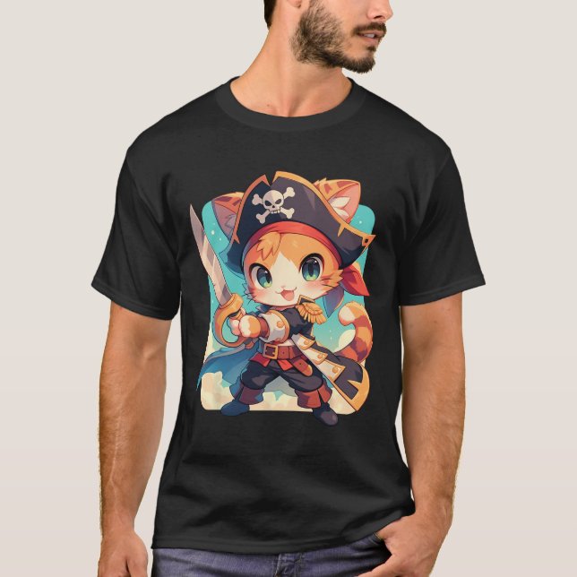 Cute Cat som Pirat Kawaii Anime T Shirt (Framsida)