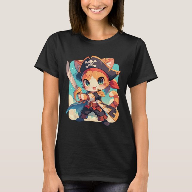 Cute Cat som Pirat Kawaii Anime T Shirt (Framsida)