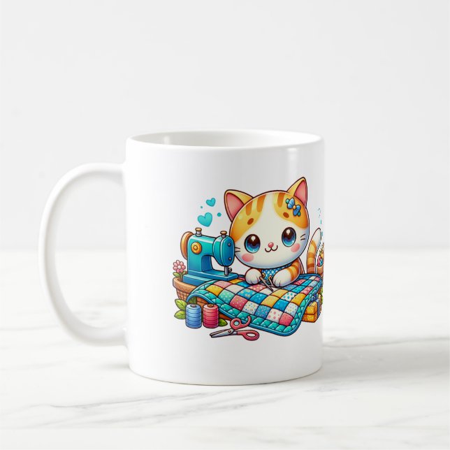 Cute Cat som sitter i Quilt Kaffemugg (Vänster)