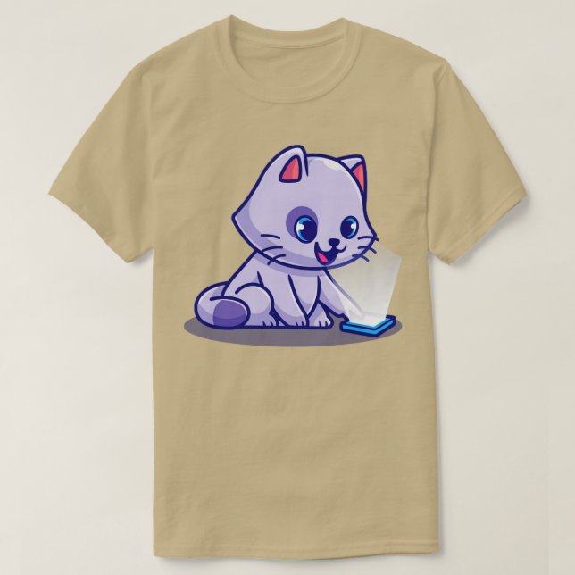 Cute Cat spelar mobil Mobil Tecknad T Shirt (Design framsida)