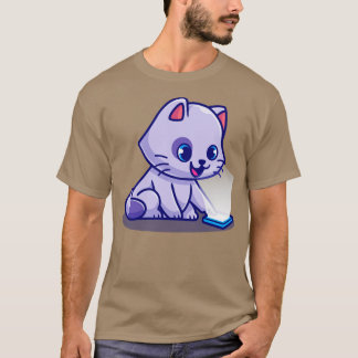 Cute Cat spelar mobil Mobil Tecknad T Shirt