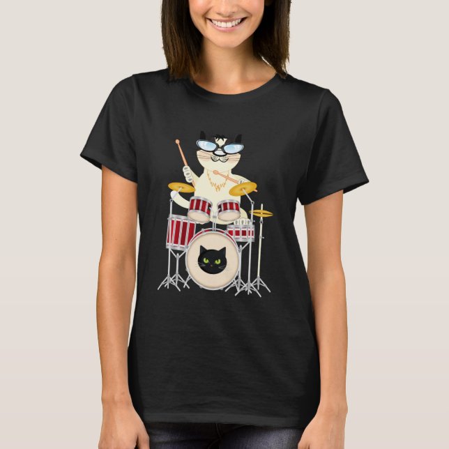 Cute Cat Spelar trummor och Katrummer T Shirt (Framsida)