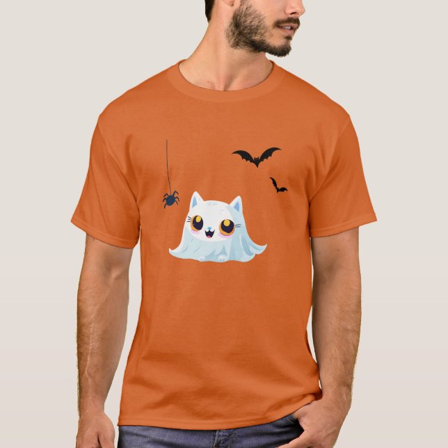 Cute Cat spöket lakan halloween pumkin party T Shirt (Framsida)