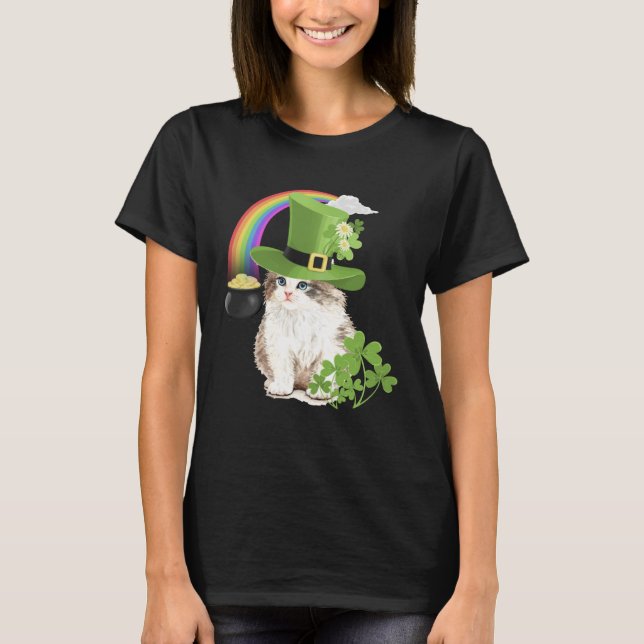 Cute Cat  St Patricks Day Shamrock Rainbow Patty K T Shirt (Framsida)