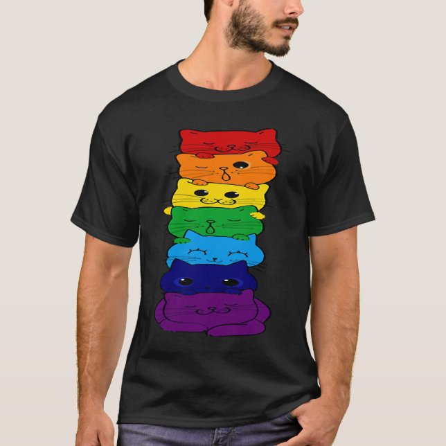 Cute Cat Stack Gay Rainbow Flagga Pride HGBQ Suppo T Shirt (Framsida)