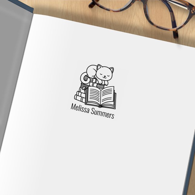 Cute Cat Stack of Books Custom Name Bookplate 1x1 Stämpel (Skapare uppladdad)