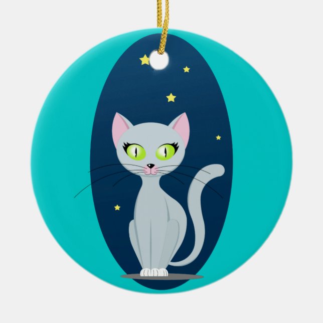Cute Cat Starry night himlar Tecknad på Anpassning Julgransprydnad Keramik (Framsidan)