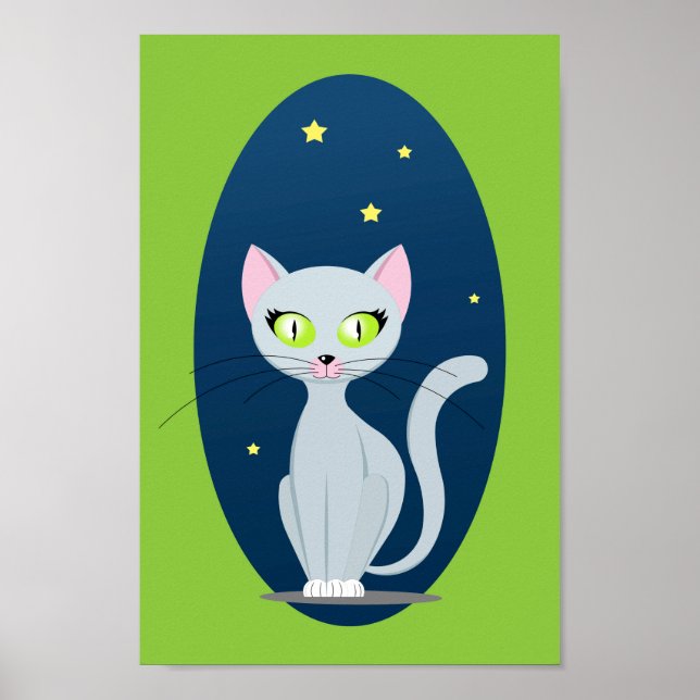 Cute Cat Starry night himlar Tecknad på Anpassning Poster (Framsidan)