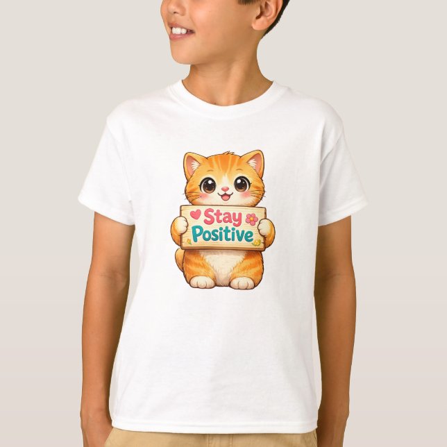 Cute Cat Stay Positive Artwork T Shirt (Framsida)