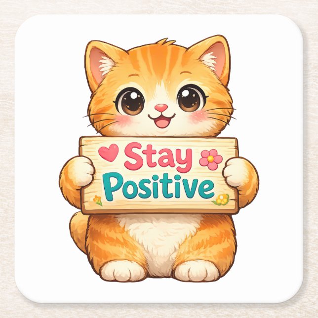 Cute Cat Stay Positive Artwork Underlägg Papper Kvadrat (Framsidan)