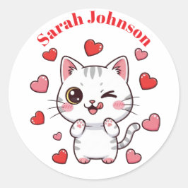 Cute Cat Sticker med hearts och Anpassade Namn Runt Klistermärke
