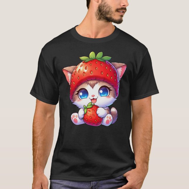 Cute Cat Strawberry Fruit Quirky Hat T Shirt (Framsida)