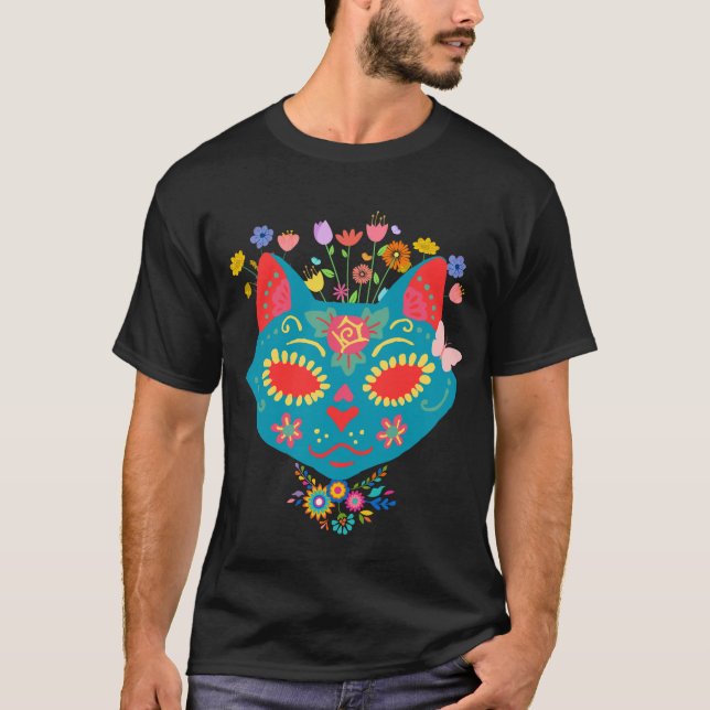 Cute Cat Sugar Skull Fullt av Färg och Blommor T Shirt (Framsida)