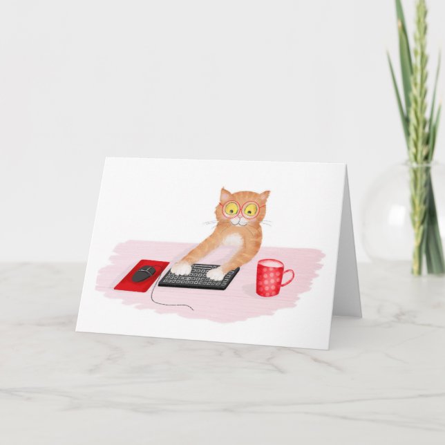 Cute cat surfande Internet på ett datorkort Kort (Framsida)