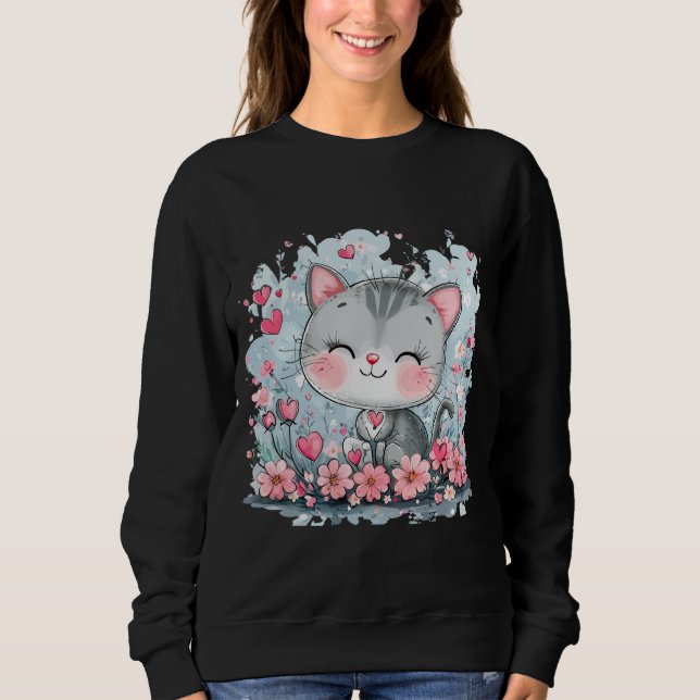 Cute Cat Sweatshirt - Den goda Blommigten Kattunge T Shirt (Framsida)
