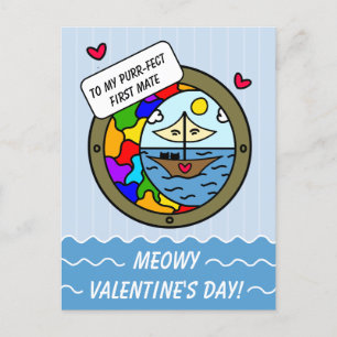 Cute Cat Sweet Äventyr Sailboat Valentine Helg Vykort