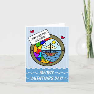Cute Cat Sweet Äventyr Sailboat Valentine Helgkort