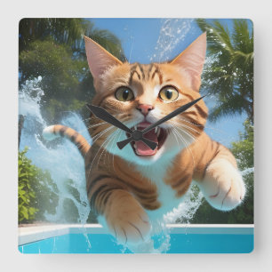 Cute Cat Swimming Diving i Bassäng Funny Fyrkantig Klocka