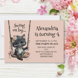 Cute Cat Swing on by Rosa Dots Child's Birthday Inbjudningar