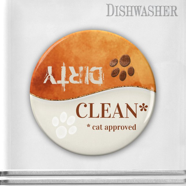Cute Cat Tassar Clean Dirty Dishwasher Magnet (Clean-dirty dishwasher magnet featuring cute cat paws on a rustic brown and ivory background)