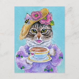 Cute Cat Tea Flowers Bee Valentine Day-vykort Vykort