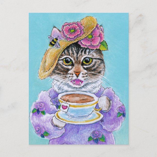 Cute Cat Tea Flowers Bee Valentine Day-vykort Vykort (Framsida)