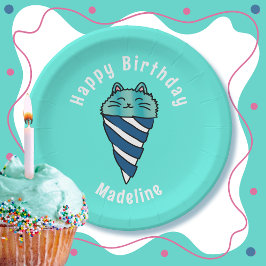 Cute Cat Tecknad Blue Ice Cream Cone Birday
