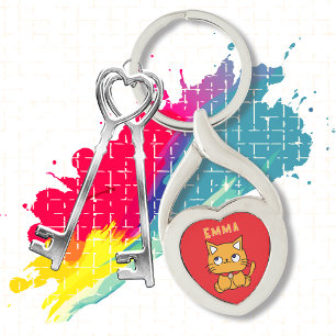 Cute Cat Tecknad Colorful Kawaii Kattunge Twisted Heart Silverfärgad Nyckelring