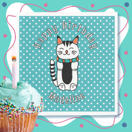 Cute Cat Tecknad Turcos White Dot Birthday Pappersservett