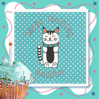 Cute Cat Tecknad Turcos White Dot Birthday Pappersservett