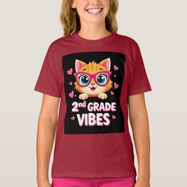 Cute Cat Tecknad with Glasses - 2nd Klass Vibes T Shirt (Framsida)